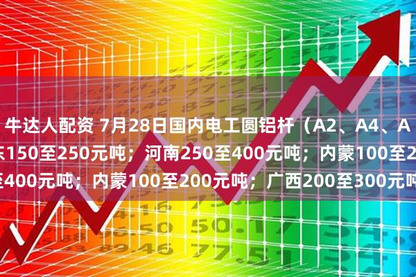 牛达人配资 7月28日国内电工圆铝杆（A2、A4、A6、A8）加工费：山东150至250元吨；河南250至400元吨；内蒙100至200元吨；广西200至300元吨。